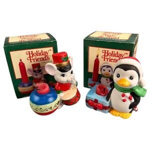Christmas Candle Holders Set of 2 Mouse Penguin Holiday Friends Original Box